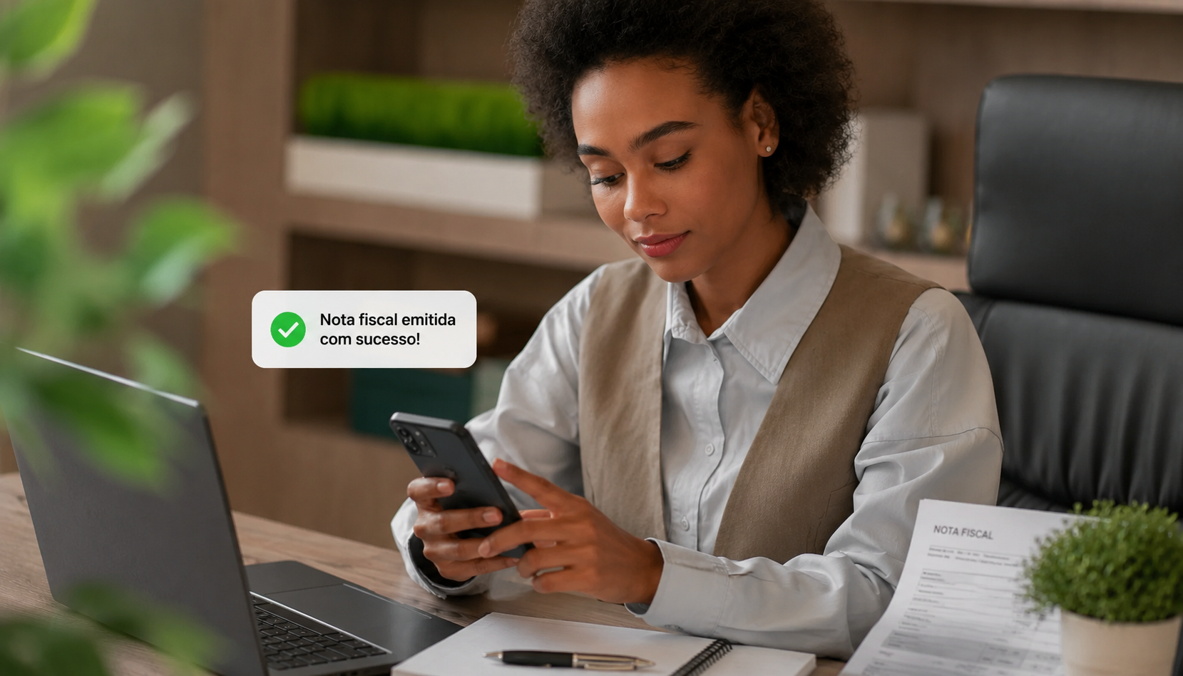 Lojista emitindo nota fiscal pelo celular durante uma venda no balcão